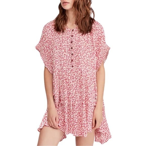 Free People One Fine Day Red Floral Print Flowy Oversized Mini Dress Size Small - Picture 1 of 15